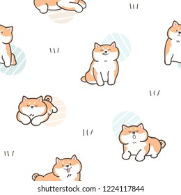 Seamless Pattern with Cute Cartoon Shiba Inu Dog Design on White Background