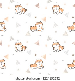 Seamless Pattern of Cute Cartoon Shiba Inu Dog Design on White Background with Triangles and Paws