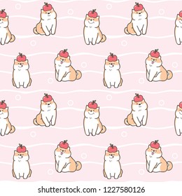 Seamless Pattern of Cute Cartoon Shiba Inu Dog with Apple Design on Pink Background with White Wavy Lines