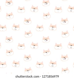 Seamless Pattern of Cute Cartoon Shiba Inu Face Design on White Background