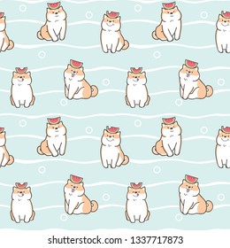 Seamless Pattern of Cute Cartoon Shiba Inu and Watermelon Design on Pastel Green Background with White Wavy Lines