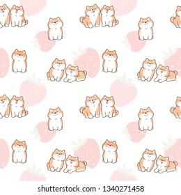 Seamless Pattern of Cute Cartoon Shiba Inu Design on White Background with Strawberry
