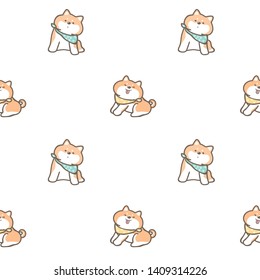 Seamless Pattern with Cute Cartoon Shiba Inu Dog Design on White Background