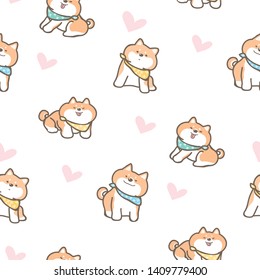 Seamless Pattern with Cute Cartoon Shiba Inu Puppy and Heart Design on White Background