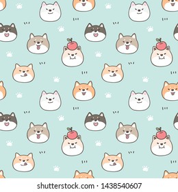 Seamless Pattern of Cute Cartoon Shiba Inu Face Design on Pastel Green Background