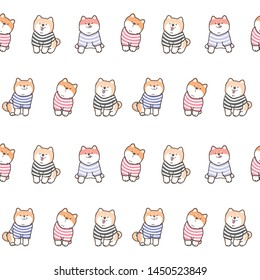 Seamless Pattern of Cute Cartoon Shiba Inu Dog Design on White Background