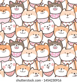 Seamless Pattern of Cute Cartoon Shiba Inu Dog Illustration Design