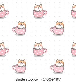 Seamless Pattern of Cute Cartoon Shiba Inu in the Cup Design on White Background with Pink Dots