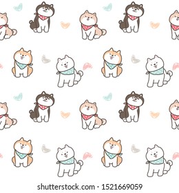 Seamless Pattern of Cute Cartoon Shiba Inu Dog Design on White Background with Hearts