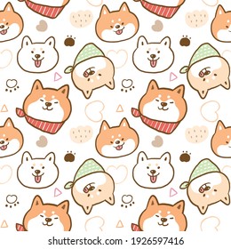 Seamless Pattern with Cute Cartoon Shiba Inu Dog Face Illustration Design on White Background