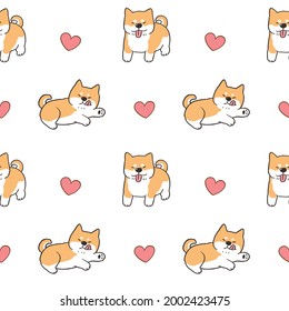 Seamless Pattern of Cute Cartoon Shiba Inu Dog and Heart Design on White Background