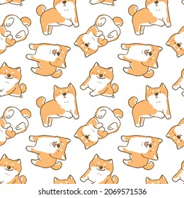 Seamless Pattern of Cute Cartoon Shiba Inu Dog Design on White Background