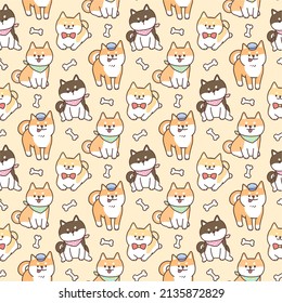 Seamless pattern of cute cartoon shiba inu dog illustration design on yellow background.