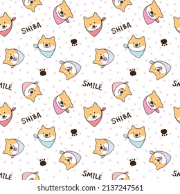 Seamless Pattern of Cute Cartoon Shiba Inu Face Design on White Background with Pink Hearts