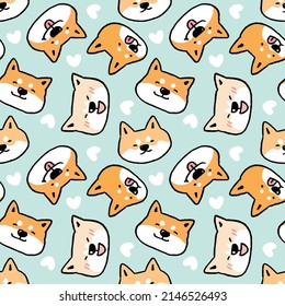Patrón sin foco con caricatura chiba inu diseño de fondo verde claro con corazones