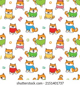 Seamless Pattern of Cute Cartoon Shiba Inu Dog Design on White Background