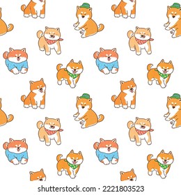 Seamless Pattern with Cute Cartoon Shiba Inu Design on White Background