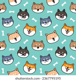 Seamless Pattern of Cute Cartoon Shiba Inu Dog Face on Green Background