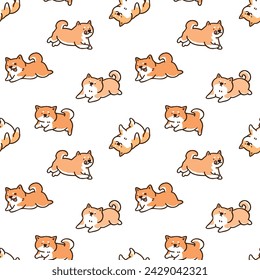 Seamless Pattern with Cute Cartoon Shiba Inu Dog Design on White Background