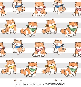 Seamless Pattern with Cute Cartoon Shiba Inu Dog Design on White Background with Grey Stripes