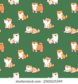 Nahtloses Muster von niedlichen Cartoon Shiba Inu Hund Design auf grünem Hintergrund