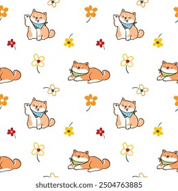 Seamless Pattern of Cute Cartoon Shiba Inu Dog and Flower Design on White Background