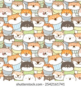 Seamless Pattern of Cute Cartoon Shiba Inu Dog Illustration