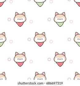 Seamless Pattern of Cute Cartoon Shiba Inu Dog on White Background