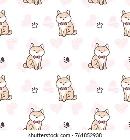 Seamless Pattern of Cute Cartoon Shiba Inu Dog and Paw Design on White Background with Pink Hearts