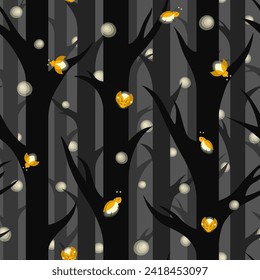 Seamless pattern with cute cartoon shining fireflies flying among trees in the dark forest. Magical night nature in the wild woods flat vector illustration