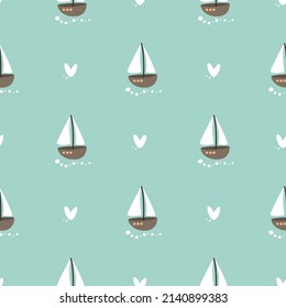 Seamless pattern with cute cartoon ships and hearts. Vector illustration.