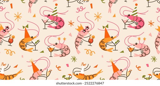 Seamless pattern with Cute cartoon shrimps in party hats and cocktails. Hand drawn vector illustration. Naive childish design. Cool comic character, restaurant poster, card, social media banner.