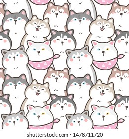 Seamless Pattern of Cute Cartoon Siberian Husky Dog Illustration Design