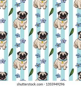 Seamless pattern with cute cartoon sitting pugs with a blue collar and forget-me-nots on light blue and white striped background. Endless texture with funny dogs and flowers for your design