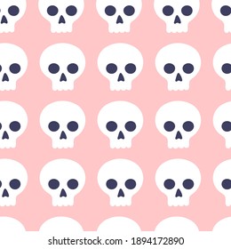 Seamless pattern of cute cartoon skulls on a pink background. Attributes for magic and witchcraft. Hand drawn vector illustration