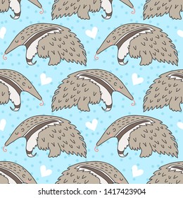 Seamless pattern with cute cartoon sleeping anteater vector illustration