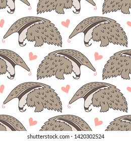 Seamless pattern with cute cartoon sleeping anteater vector illustration