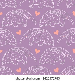Seamless pattern with cute cartoon sleeping anteater vector illustration