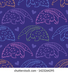 Seamless pattern with cute cartoon sleeping anteater vector illustration