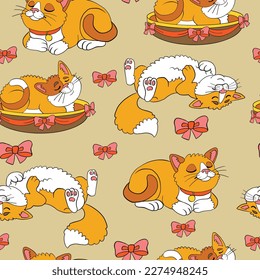 Seamless pattern with cute cartoon sleepy ginger cats and baws. Vector illustration on beige background. For party, print, baby shower, wallpaper, design, decor, dishes, bed linen, apparel