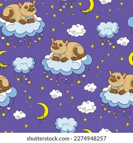 Seamless pattern with cute cartoon sleepy thai cat and clouds. Vector illustration on purple background. For party, print, baby shower, wallpaper, design, decor, dishes, bed linen, apparel