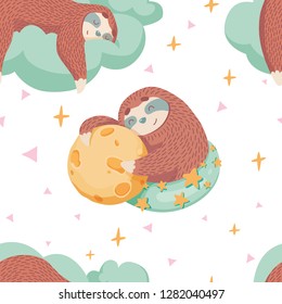 seamless pattern with cute cartoon sloth sleeping on cloud with stars and moon around. healthy sleep of slumber party concept