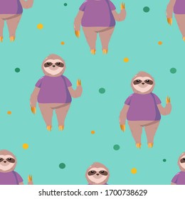 Seamless pattern with cute cartoon sloth in a purple t-shirt stands. Adorable cartoon animal background. Lazy animal, flat style vector illustration isolated on turquoise background.