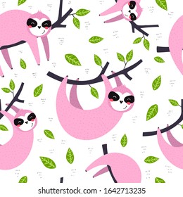 seamless pattern with cute cartoon sloths, decor elements. colorful vector for kids. hand drawing, flat style. animal theme. design for fabric, print, textile, wrapper