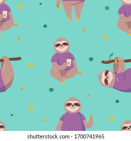 Seamless pattern with cute cartoon sloths in a purple t-shirt hanging on the tree, sitting and stands. Adorable cartoon animal background. Flat style vector illustration isolated on turquoise backgrou