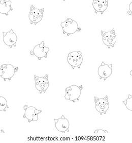 Seamless pattern with cute cartoon small contour pigs on white background. Vector illustration. 