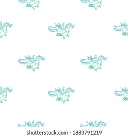 Seamless pattern with  cute cartoon smart dragon. Funny crocodile print. Reading reptile poster. Vector doodle line art wallpaper. Illustration for children. Books and studying.