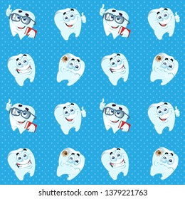 Seamless pattern from cute cartoon  smile healthy and ill teeth with different emotions