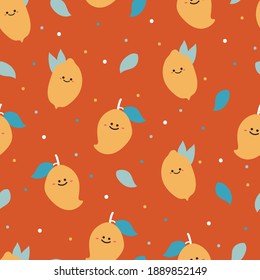 Seamless pattern with cute cartoon smile mango for fabric print, textile, gift wrapping paper. colorful vector for kids, flat style