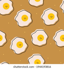 Motif harmonieux avec joli oeuf de dessin animé souriant frit pour l'impression de tissu, textile, papier d'emballage cadeau. image vectorielle colorée pour enfants, style plat